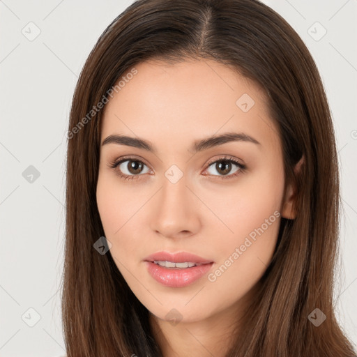 Neutral white young-adult female with long  brown hair and brown eyes