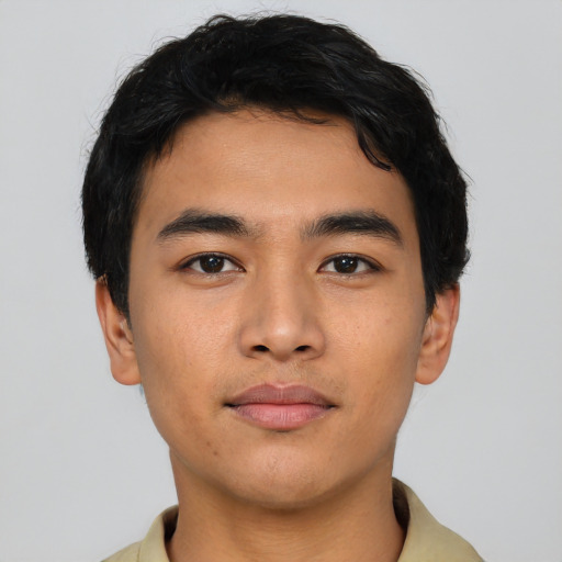 Neutral asian young-adult male with short  black hair and brown eyes