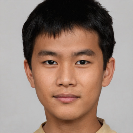 Neutral asian young-adult male with short  brown hair and brown eyes