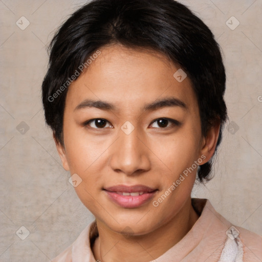 Joyful asian young-adult female with medium  black hair and brown eyes