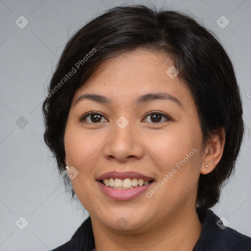 Joyful asian young-adult female with medium  brown hair and brown eyes