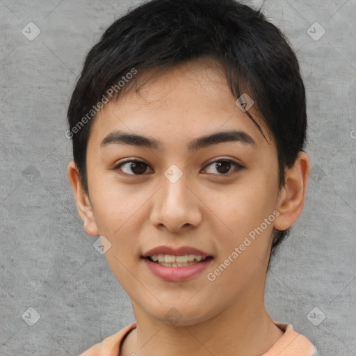 Joyful asian young-adult female with short  black hair and brown eyes