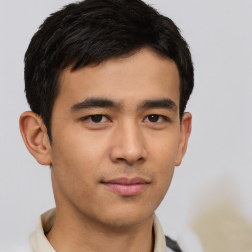 Neutral asian young-adult male with short  brown hair and brown eyes