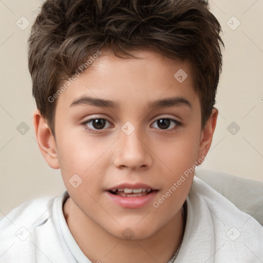 Joyful white child male with short  brown hair and brown eyes