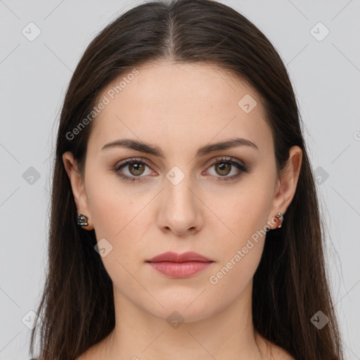 Neutral white young-adult female with long  brown hair and brown eyes