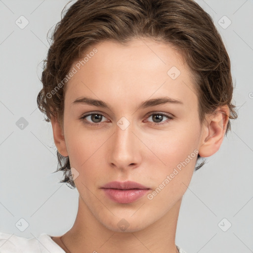 Neutral white young-adult female with medium  brown hair and brown eyes