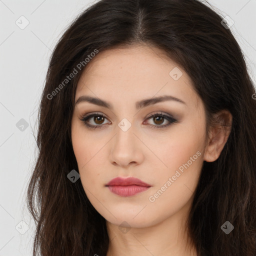 Neutral white young-adult female with long  brown hair and brown eyes