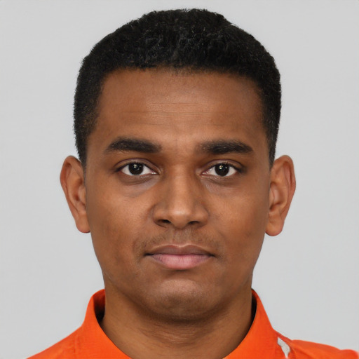 Neutral black young-adult male with short  black hair and brown eyes