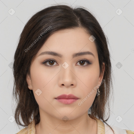 Neutral asian young-adult female with medium  brown hair and brown eyes