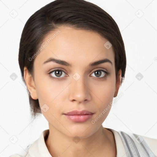 Neutral white young-adult female with medium  brown hair and brown eyes