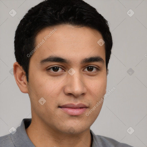 Neutral latino young-adult male with short  black hair and brown eyes