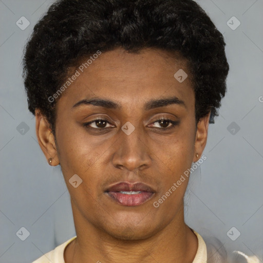 Joyful latino young-adult female with short  black hair and brown eyes