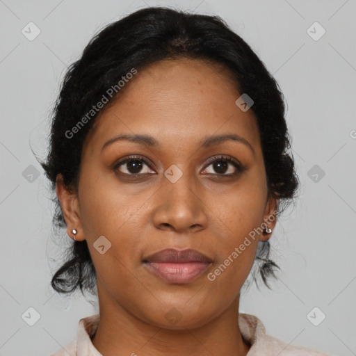 Joyful black young-adult female with medium  brown hair and brown eyes
