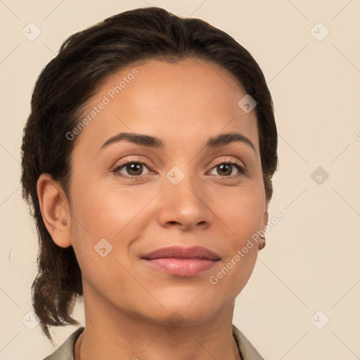 Joyful white young-adult female with medium  brown hair and brown eyes