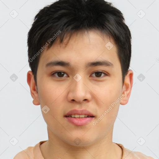 Neutral asian young-adult male with short  brown hair and brown eyes