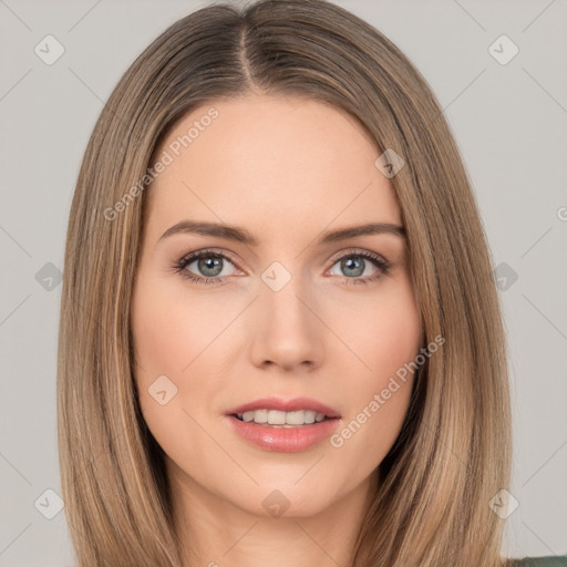 Neutral white young-adult female with long  brown hair and brown eyes