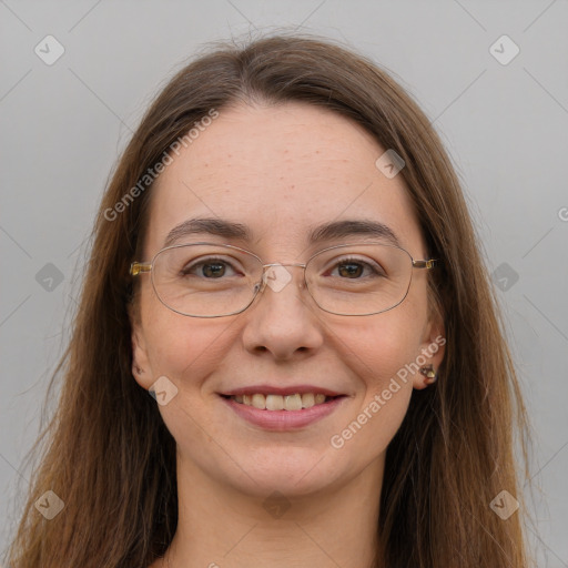 Joyful white young-adult female with long  brown hair and grey eyes