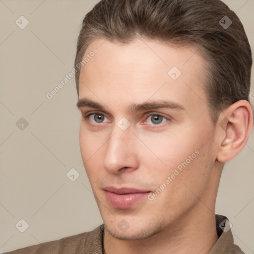 Neutral white young-adult male with short  brown hair and brown eyes