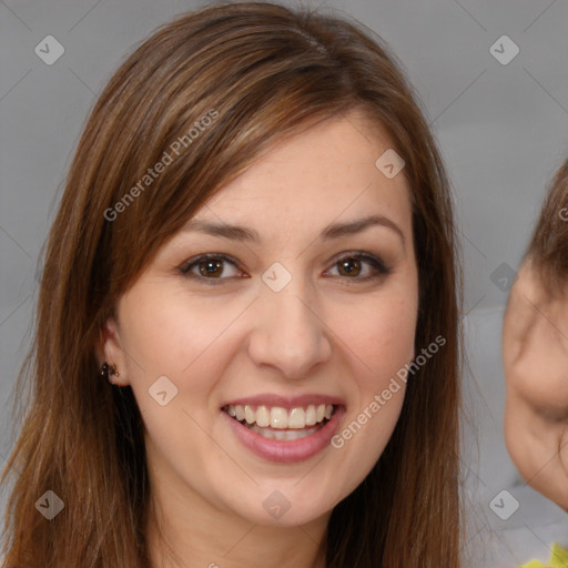 Joyful white young-adult female with long  brown hair and brown eyes