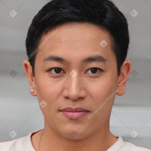 Neutral asian young-adult male with short  brown hair and brown eyes