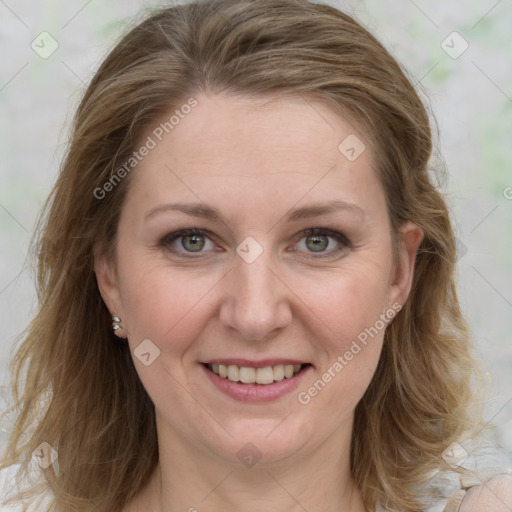 Joyful white young-adult female with medium  brown hair and green eyes