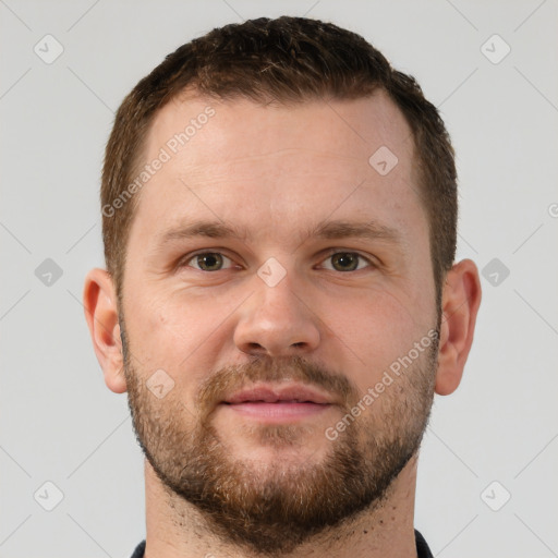 Neutral white young-adult male with short  brown hair and grey eyes