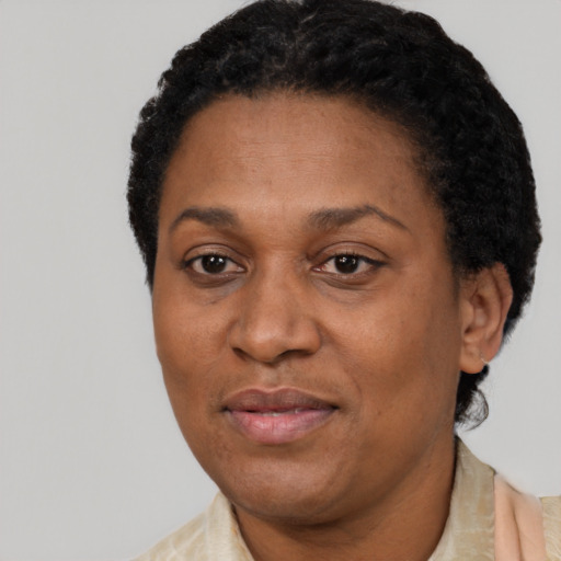 Joyful latino adult female with short  black hair and brown eyes