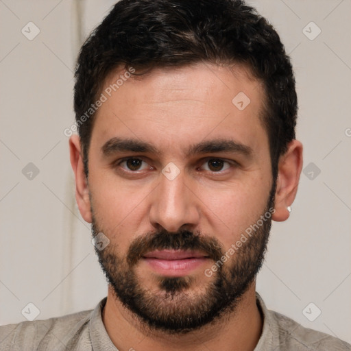 Neutral white young-adult male with short  black hair and brown eyes