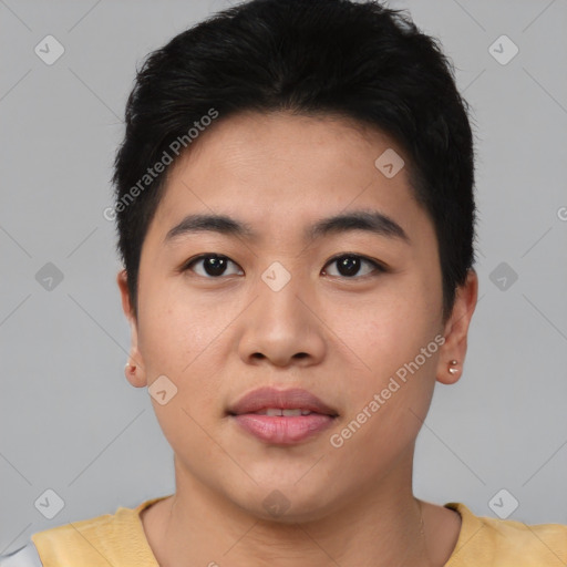 Neutral asian young-adult male with short  black hair and brown eyes