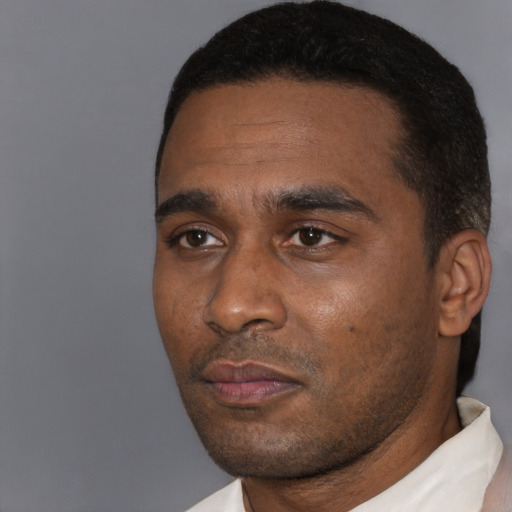 Neutral black adult male with short  black hair and brown eyes