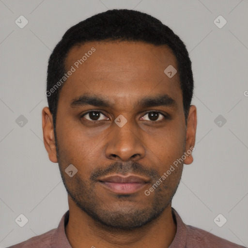 Neutral black young-adult male with short  black hair and brown eyes