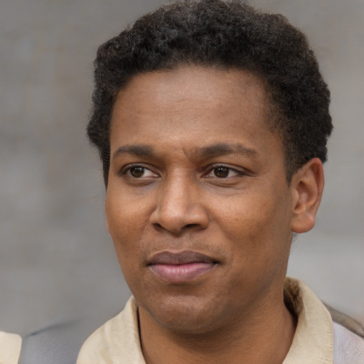 Joyful latino young-adult male with short  brown hair and brown eyes