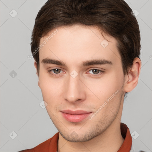 Neutral white young-adult male with short  brown hair and brown eyes