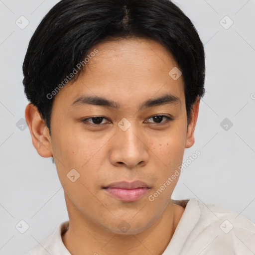 Neutral asian young-adult male with short  brown hair and brown eyes