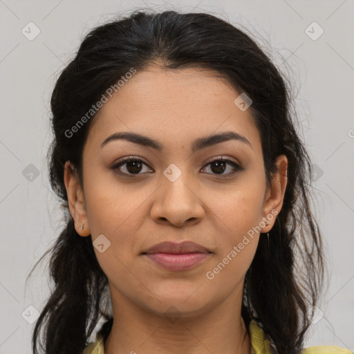 Joyful latino young-adult female with long  brown hair and brown eyes