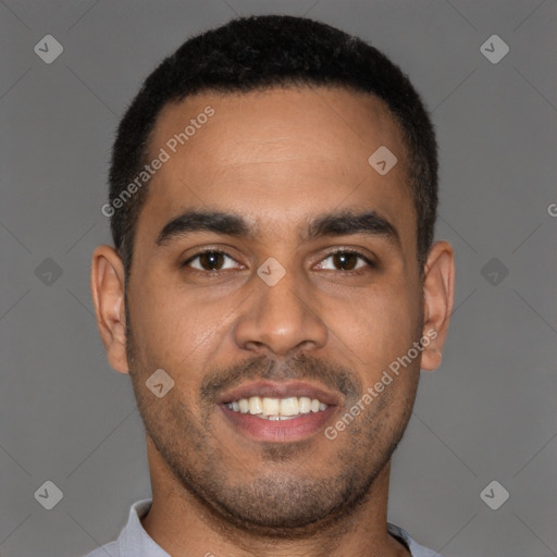 Joyful latino young-adult male with short  brown hair and brown eyes