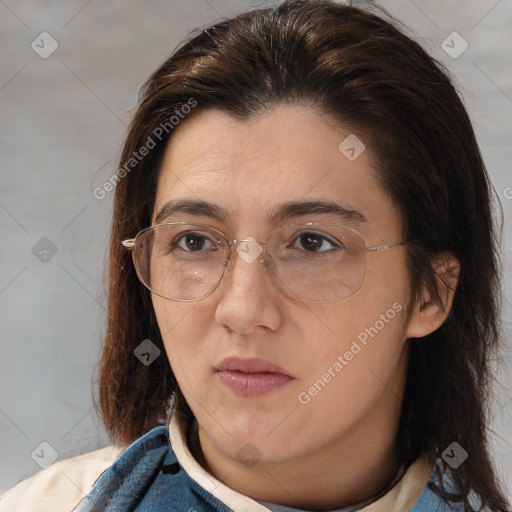 Neutral white adult female with medium  brown hair and brown eyes