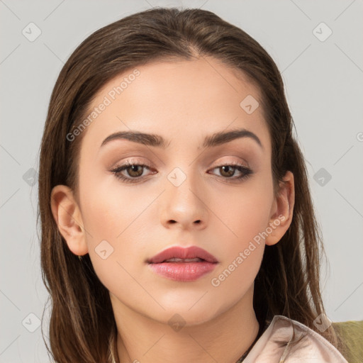 Neutral white young-adult female with long  brown hair and brown eyes