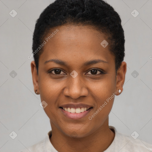 Joyful black young-adult female with short  black hair and brown eyes