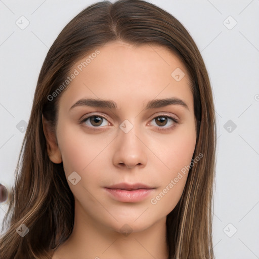 Neutral white young-adult female with long  brown hair and brown eyes