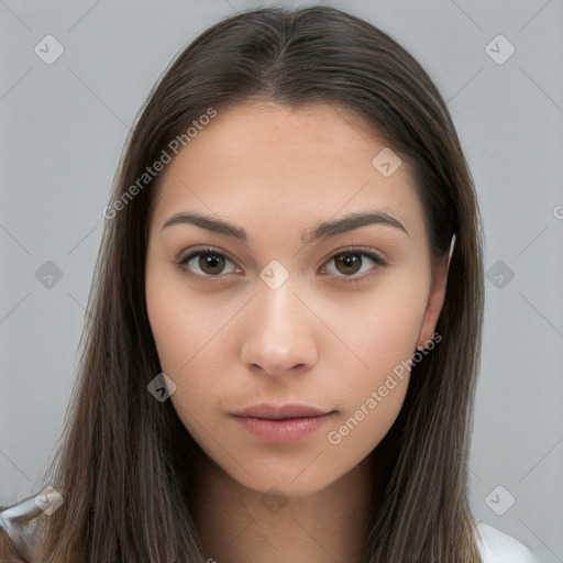 Neutral white young-adult female with long  brown hair and brown eyes