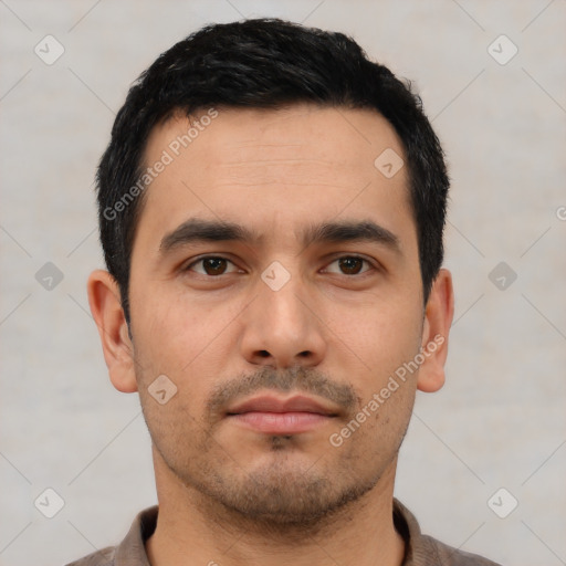 Neutral latino young-adult male with short  black hair and brown eyes