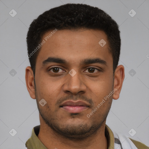 Neutral black young-adult male with short  black hair and brown eyes