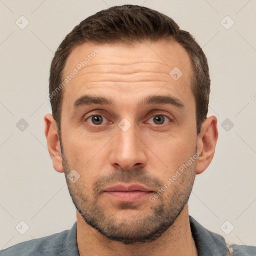 Neutral white adult male with short  brown hair and brown eyes