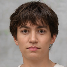 Neutral white young-adult female with short  brown hair and brown eyes