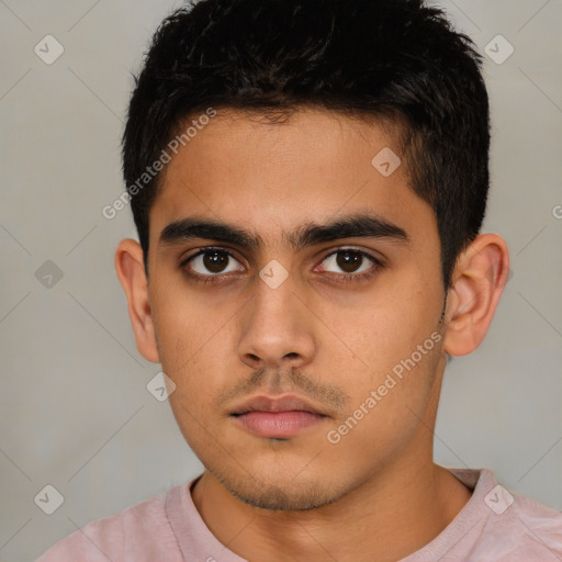 Neutral latino young-adult male with short  brown hair and brown eyes