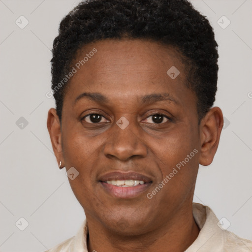 Joyful black young-adult female with short  brown hair and brown eyes