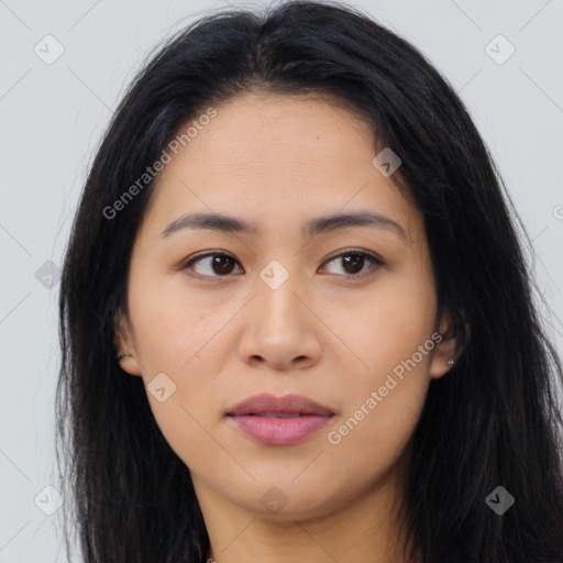 Neutral asian young-adult female with long  brown hair and brown eyes