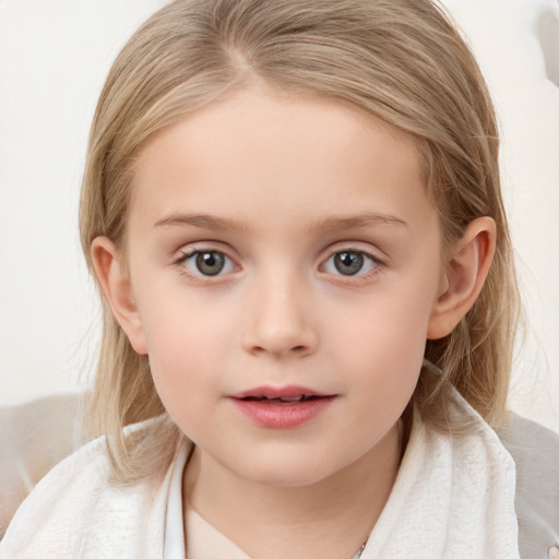 Neutral white child female with medium  brown hair and blue eyes