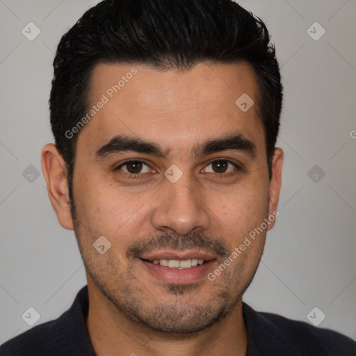 Joyful white young-adult male with short  black hair and brown eyes